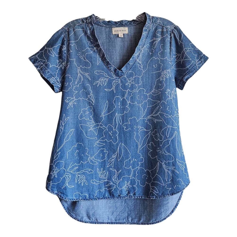 CLOTH & STONE Women XS Top Chambray Jean Blue White Floral V-Neck 100% Tencel 34
